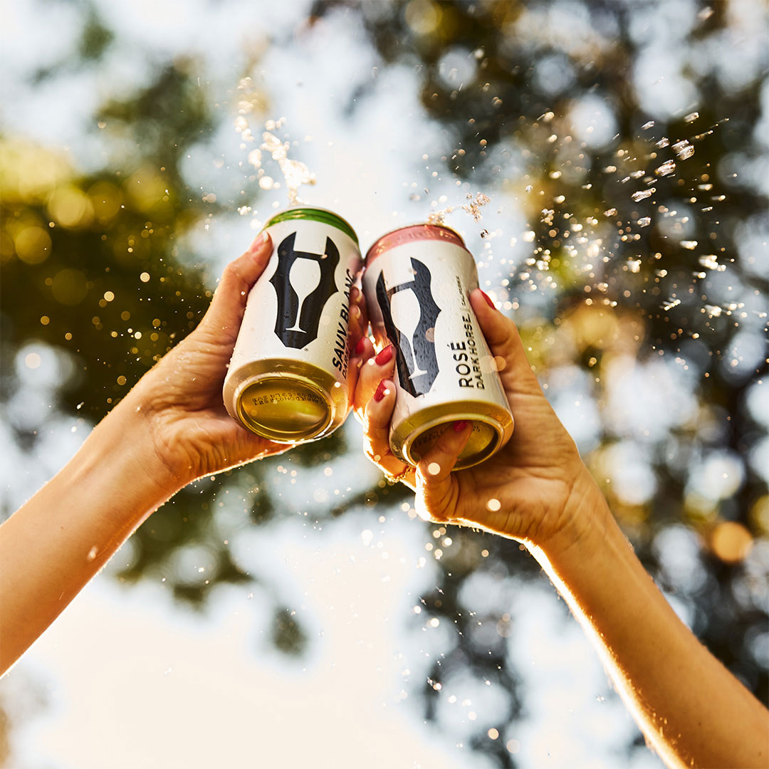 Canned wine beverages being cheersed