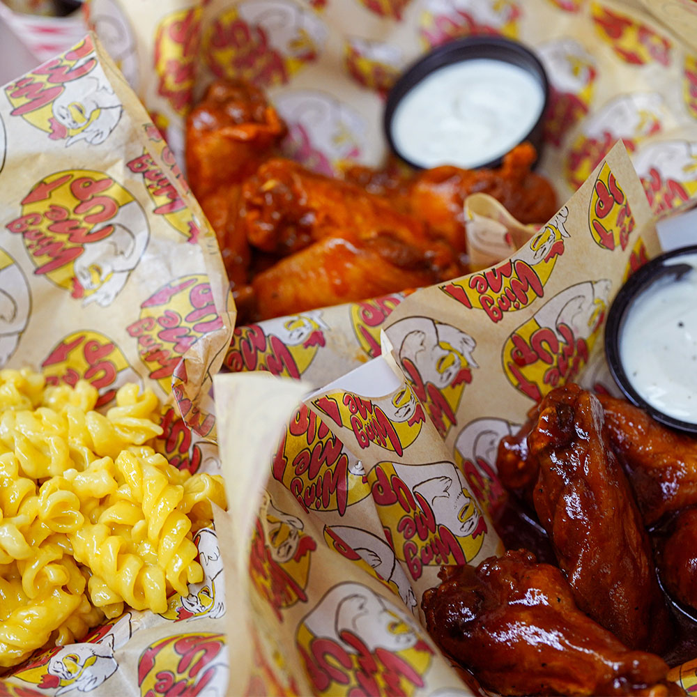 Chicken wings, ranch and mac and cheese